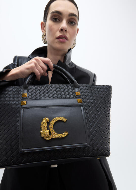 SHOPPER PRETA EM ECOPELE ENTRANÇADA LC LEOPARDO - LOLA CASADEMUNT