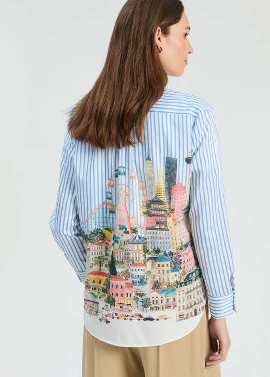 CAMISA DE RISCAS VERTICAIS COM IKUSTRAÇÃO PANORÃMICA EUROPEIA - VILAGALLO