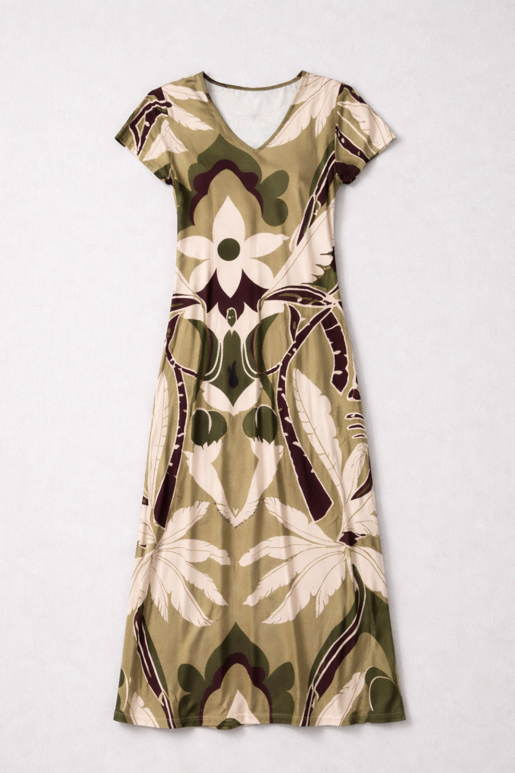 VESTIDO DE MALHA FRIA E ESTAMPADO FLORAL KAKI - ADET