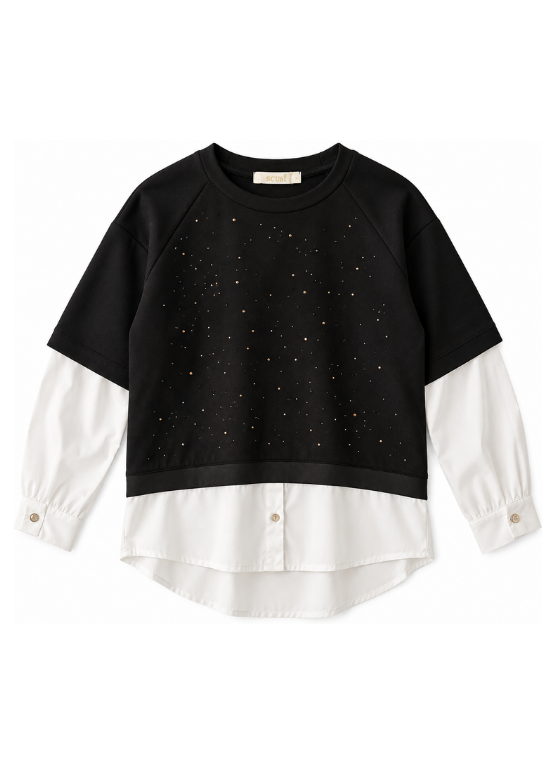 CAMISOLA COM MANGAS E CÓS TIPO CAMISEIRO E STRASS COLORIDOS - SCUSI