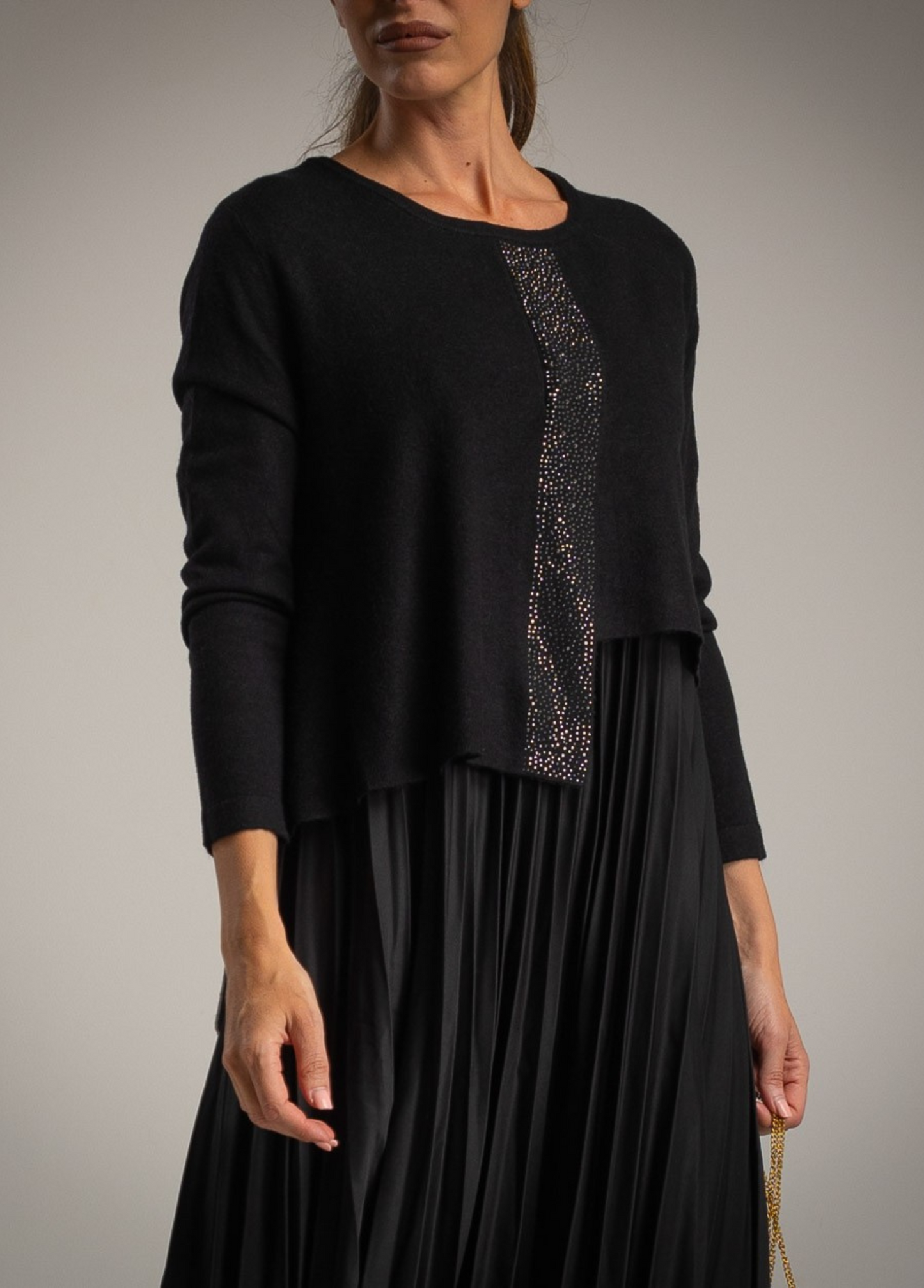 VESTIDO PLISSADO MIDI COM CAPA EM MALHA COM BRILHOS - ALBANOS