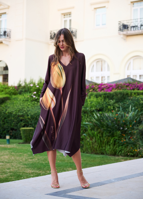 VESTIDO MIDI LYCRA PREMIUM CASTANHO COM TULIPAS OCRE - TROPICAL BRASIL