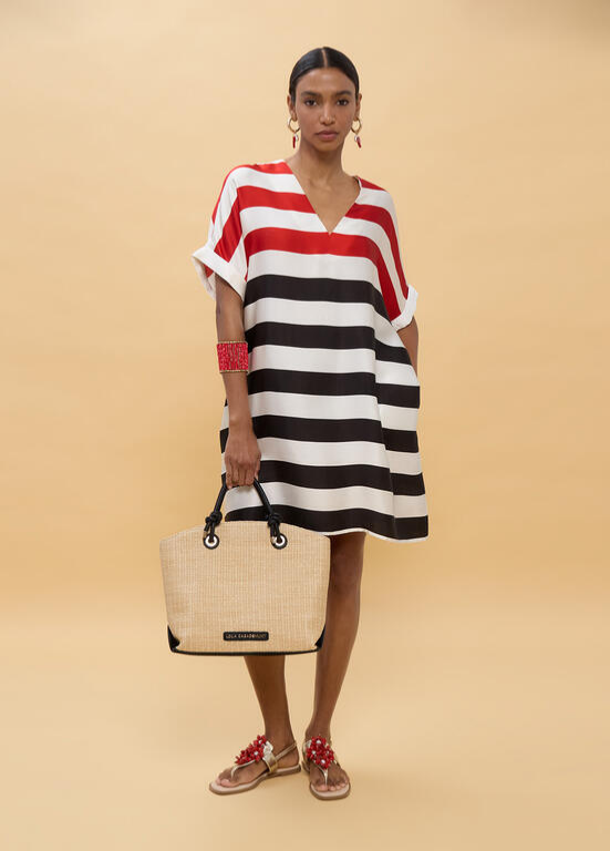 VESTIDO ACETINADO COM RISCAS VERMELHAS E PRETAS - LOLA CASADEMUNT
