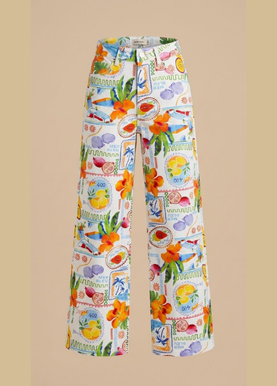 CALÇAS TIPO GANGA COM ELASTANO E ESTAMPADO TROPICAL - ALIBY
