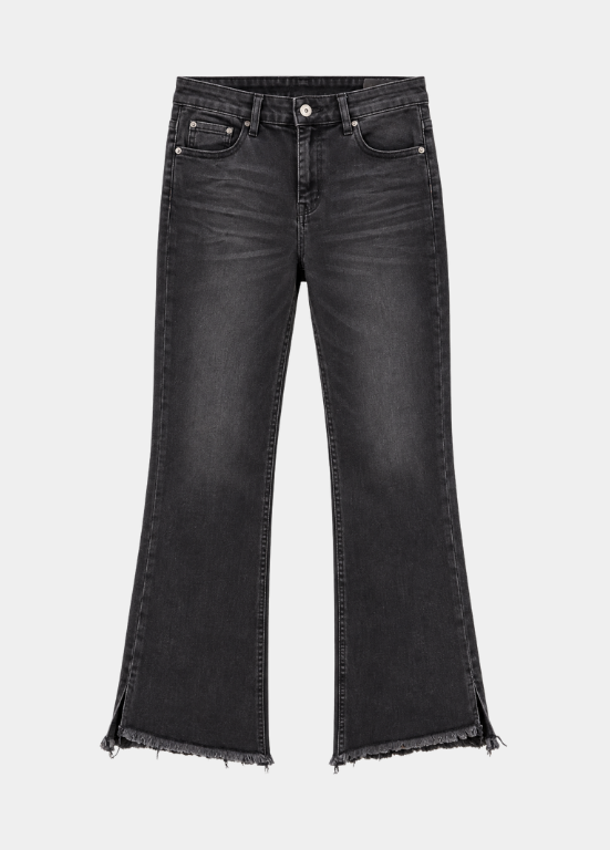 JEANS CINZA ESCUROS LIGEIRAMENTE FLARE E DESFIADOS - ALIBY