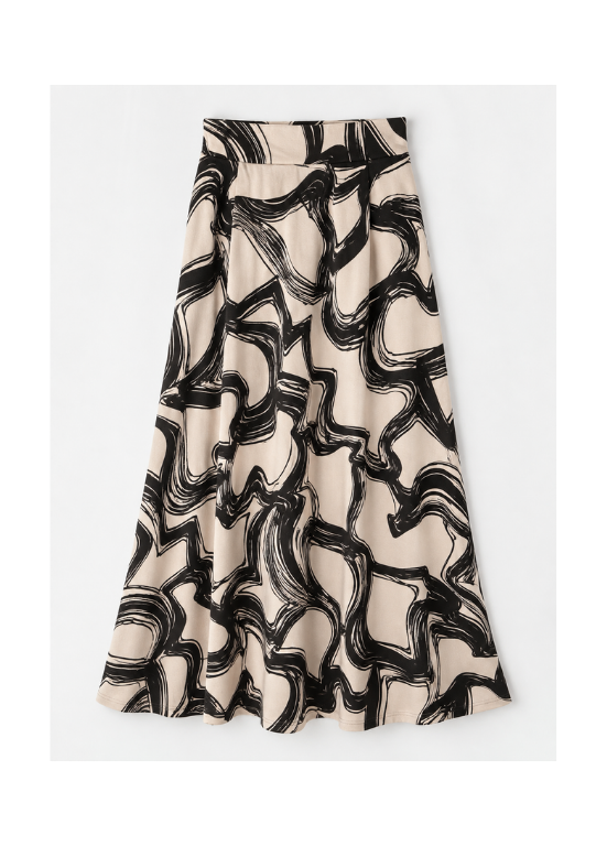 SAIA DE MALHA COM ESTAMPADO ABSTRATO E ELÁSTICO NA CINTURA - SCUSI