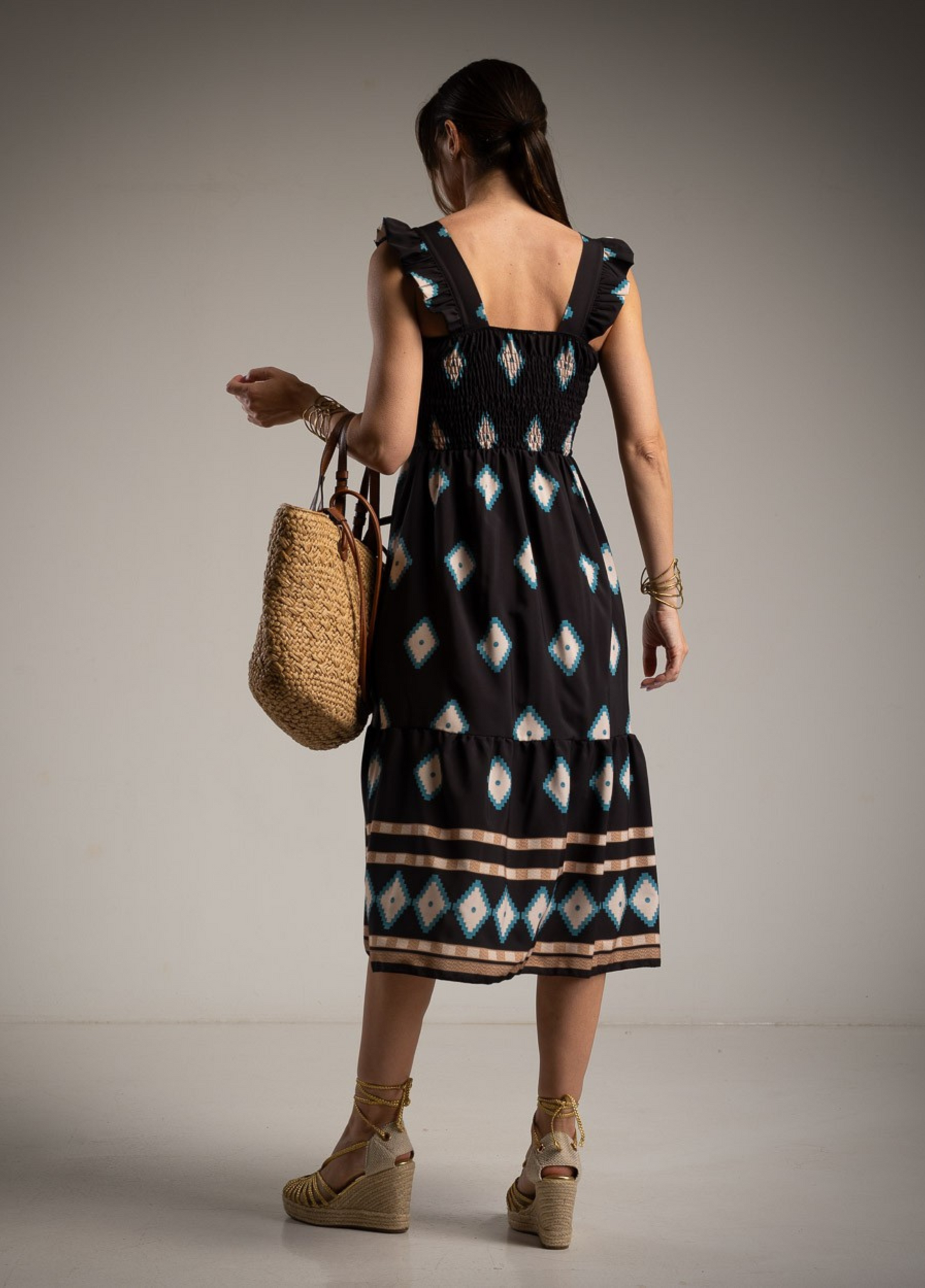 VESTIDO ESTAMPADO ÉTNICO FOLHO NA ALÇA - ALIBY