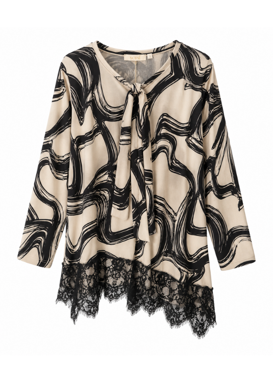 BLUSA DE MALHA ESTAMPADA, COM LAÇADA E RENDA NO CÔS - SCUSI