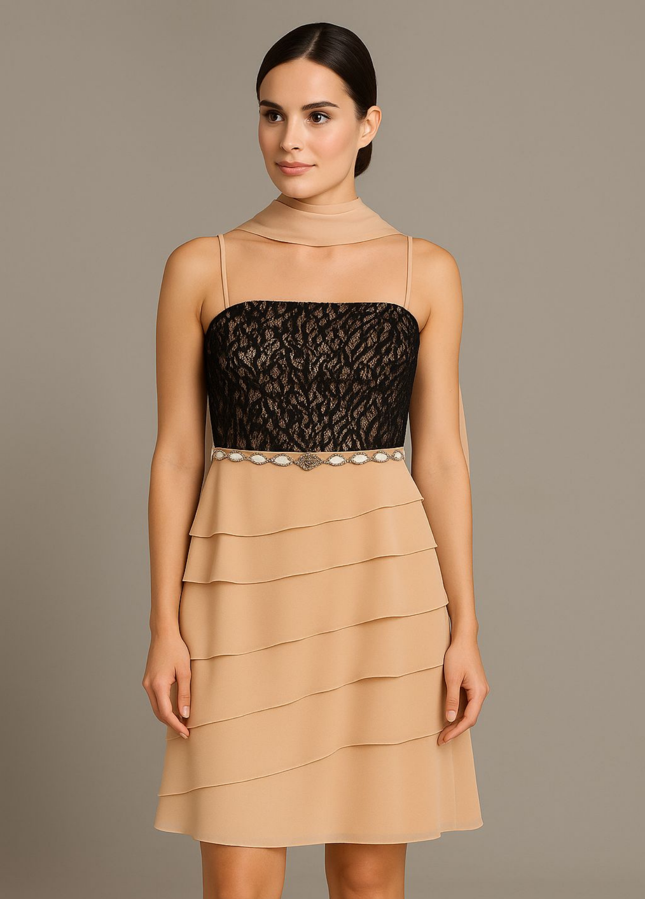 VESTIDO DE CERIMÓNIA COM RENDA E ECHARPE - SONIA PEÑA