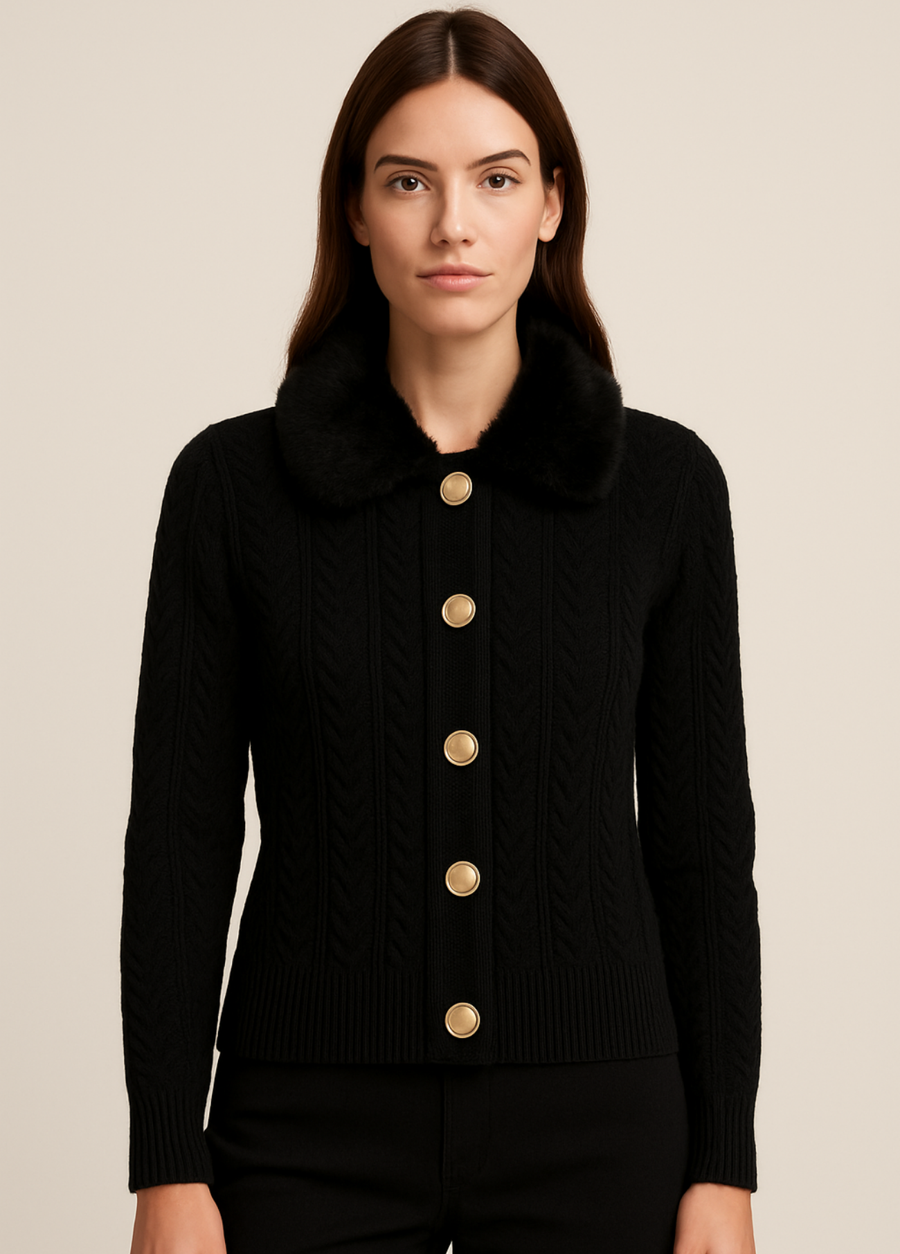 CASACO DE MALHA COM GOLA DE PÊLO SINTÉTICO - ALIBY