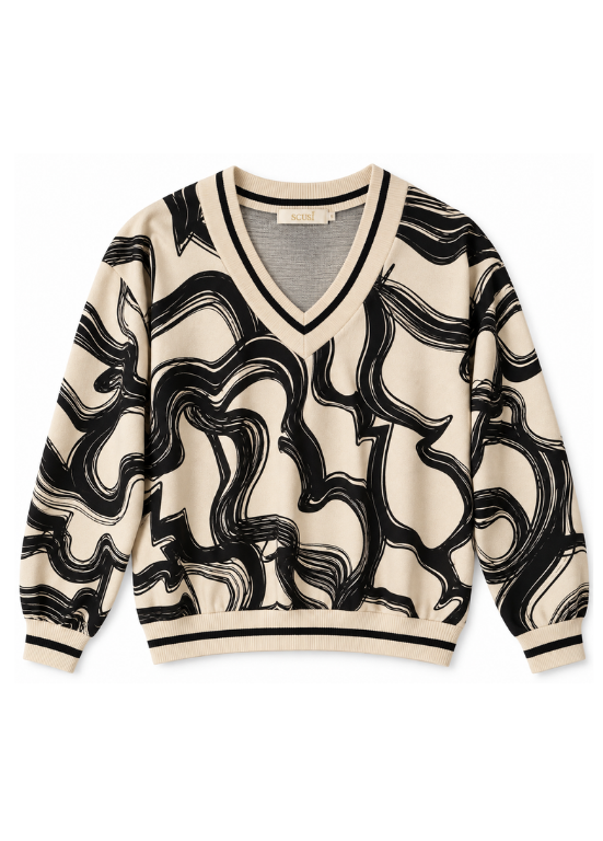 CAMISOLA DE MALHA COM ESTAMPADO ABSTRATO E DECOTE EM V COM RISCA CONTRASTANTE - SCUSI