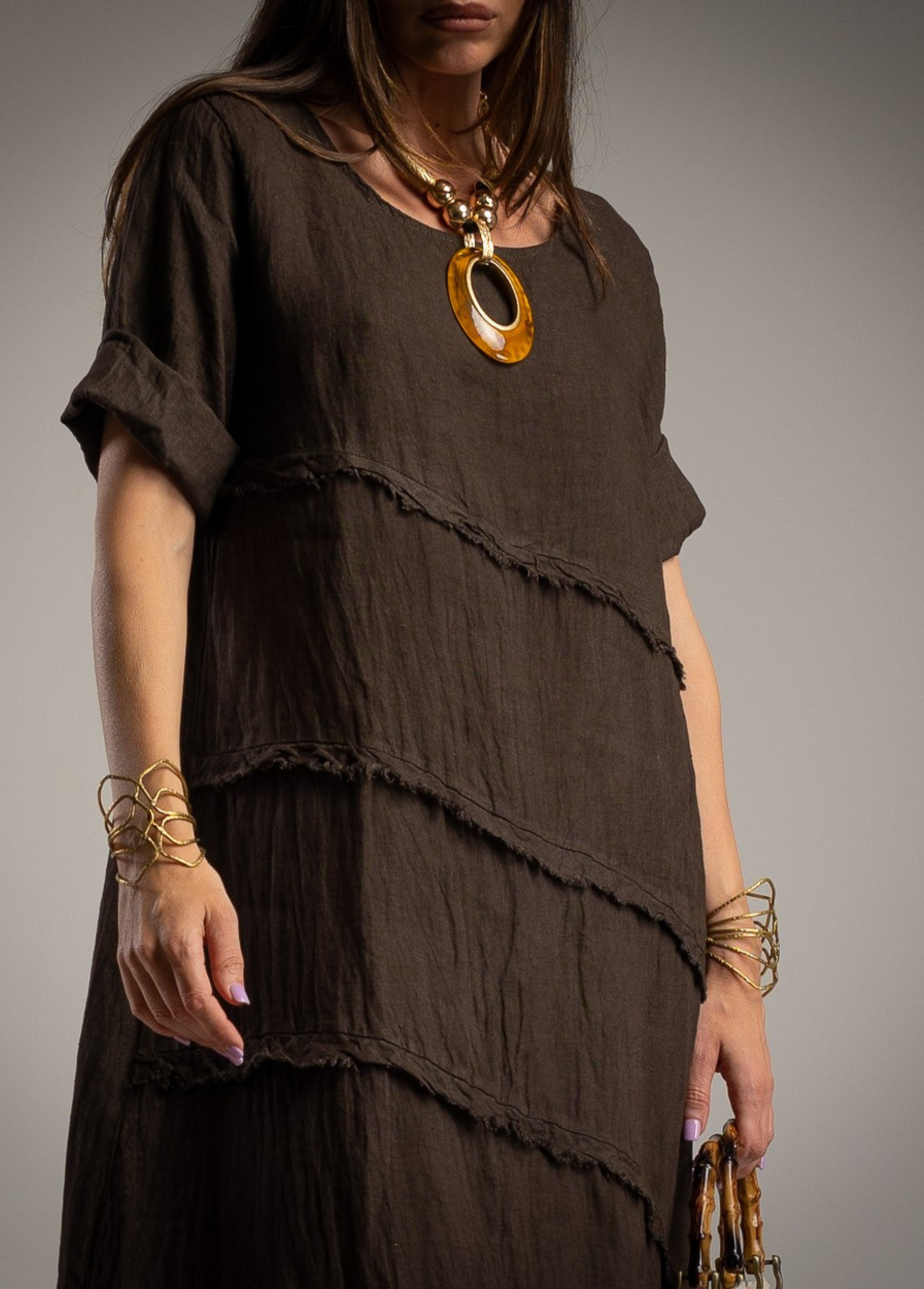 VESTIDO EM LINHO COM DESFIADOS - ALIBY
