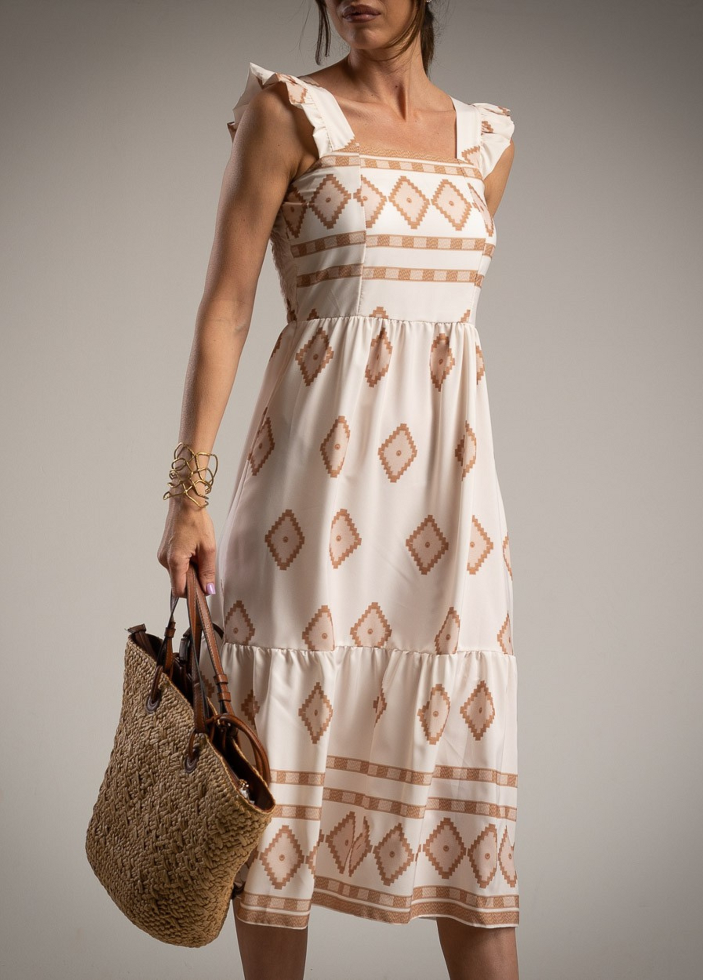 VESTIDO ESTAMPADO ÉTNICO FOLHO NA ALÇA - ALIBY