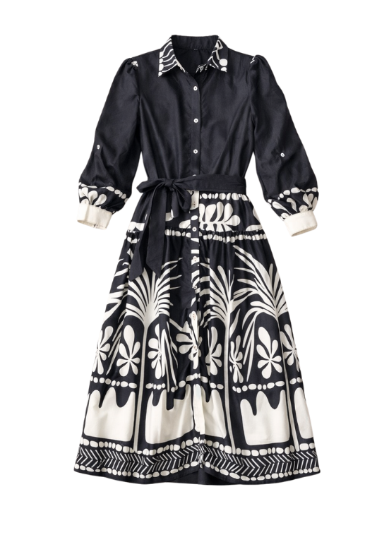 VESTIDO EM TECIDO FRESCO PRETO E BRANCO - ALIBY