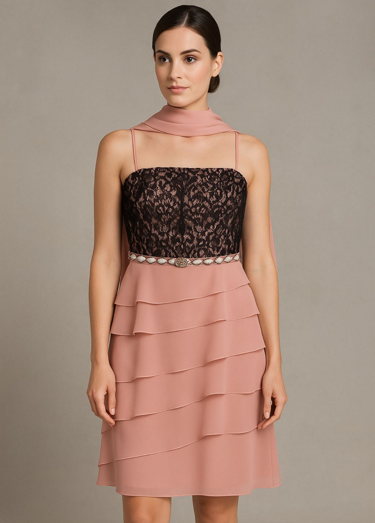 VESTIDO DE CERIMÓNIA COM RENDA E ECHARPE - SONIA PEÑA