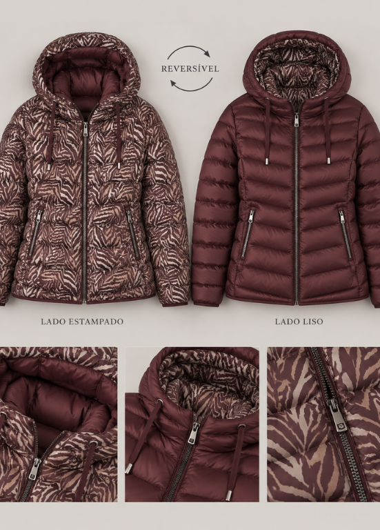 PARKA CURTA ACOLCHOADA COM CAPUZ, RESERVSÍVEL ESTAMPADO ANIMAL PRINT OU LISO - BARBARA LEBEK