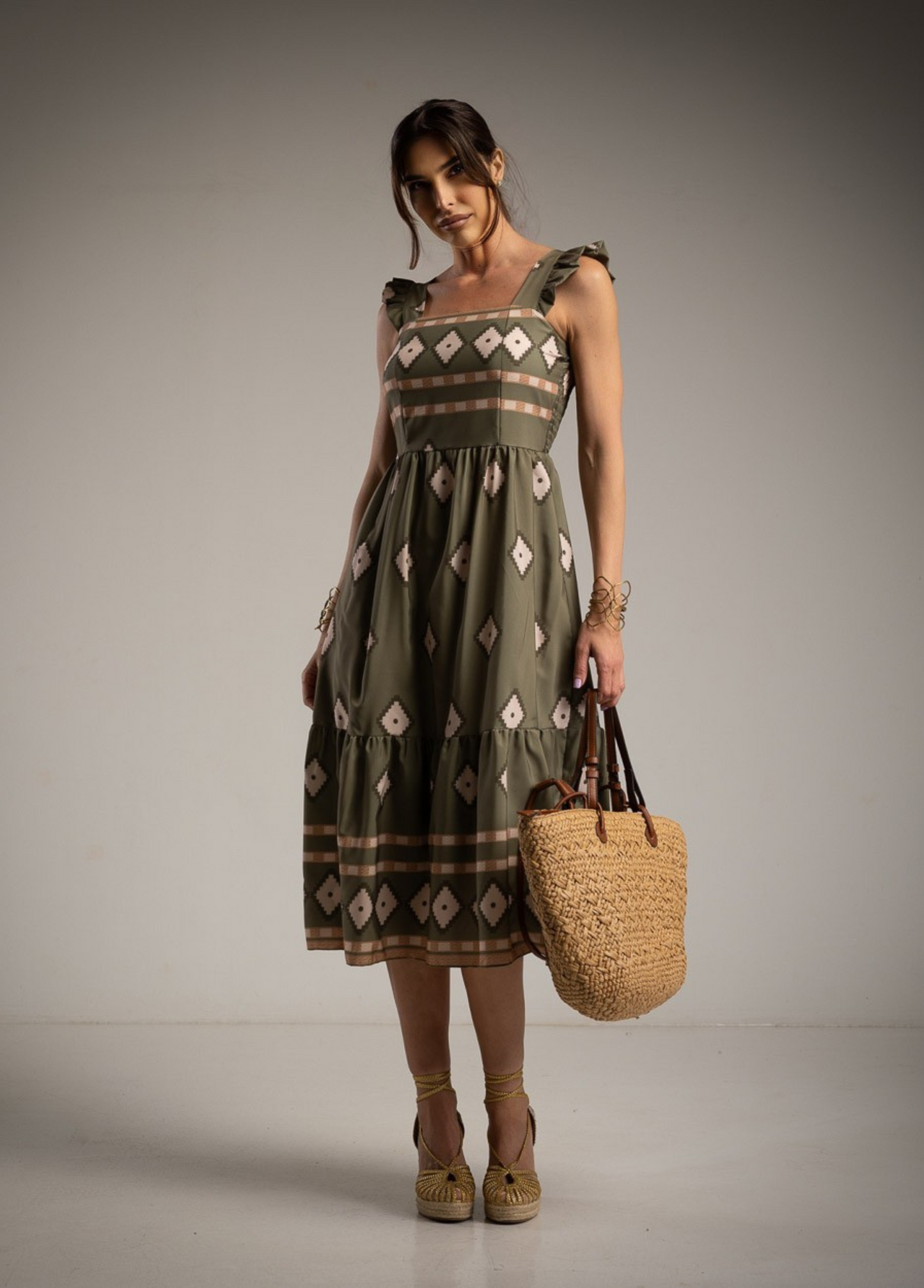 VESTIDO ESTAMPADO ÉTNICO FOLHO NA ALÇA - ALIBY