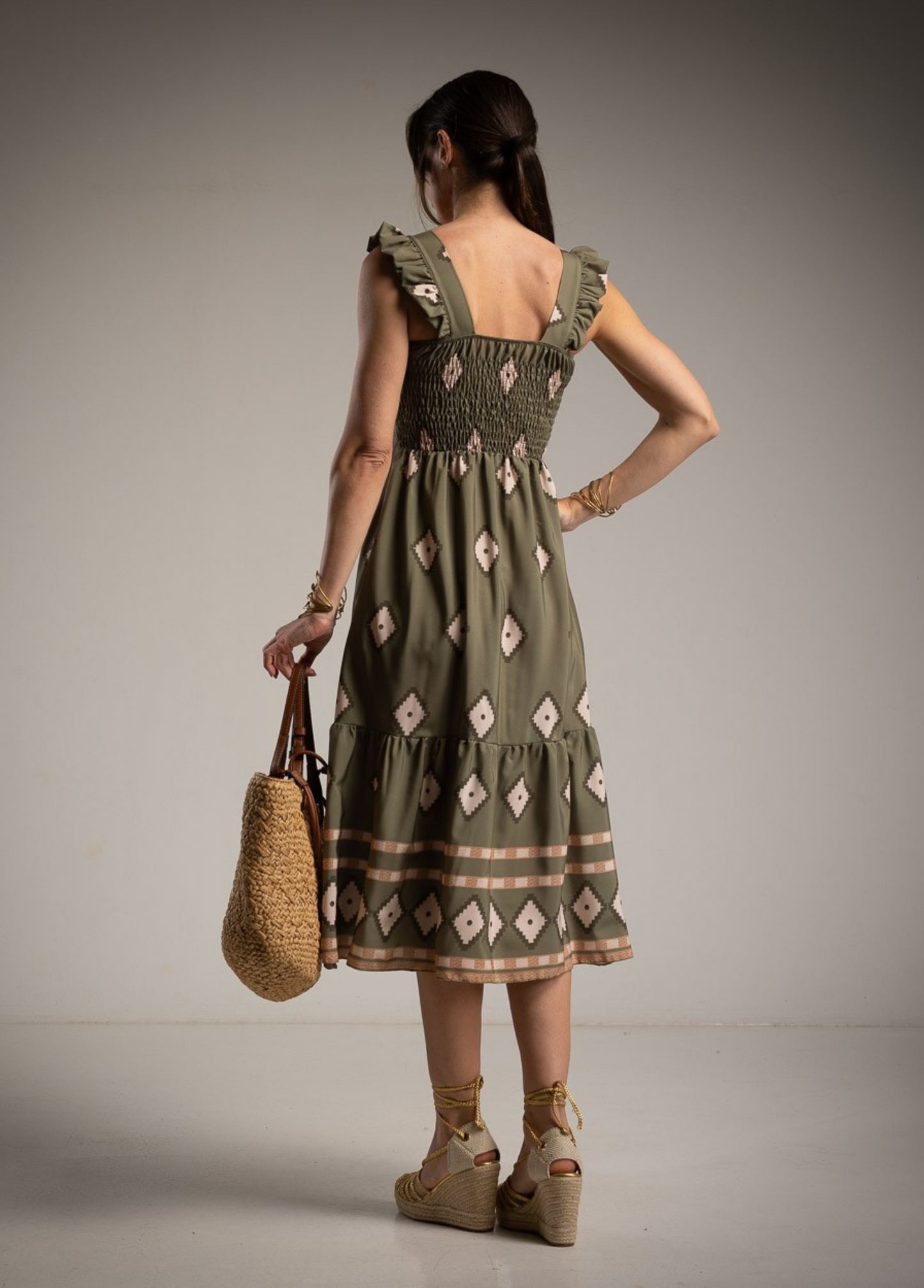 VESTIDO ESTAMPADO ÉTNICO FOLHO NA ALÇA - ALIBY