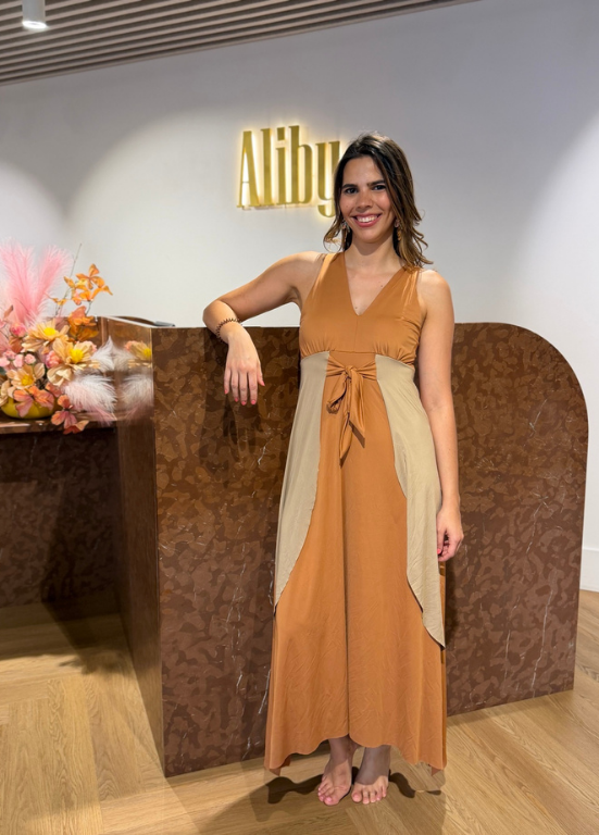 VESTIDO MALHA FRIA BICOLOR COM LAÇADA À FRENTE - TROPICAL BRASIL