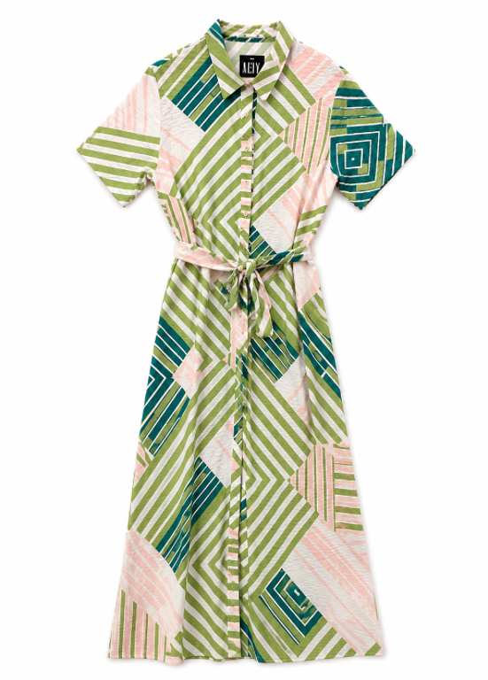 VESTIDO GEOMÉTRICO VERDE E ROSA - ALIBY