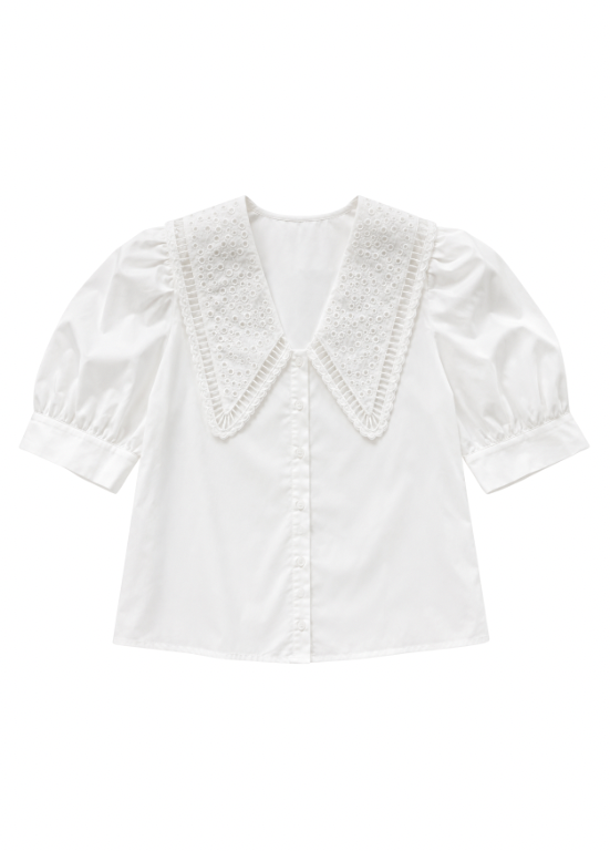 CAMISA BRANCA COM GOLA EM BORDADO INGLÊS E MANGA BALÃO - ALIBY