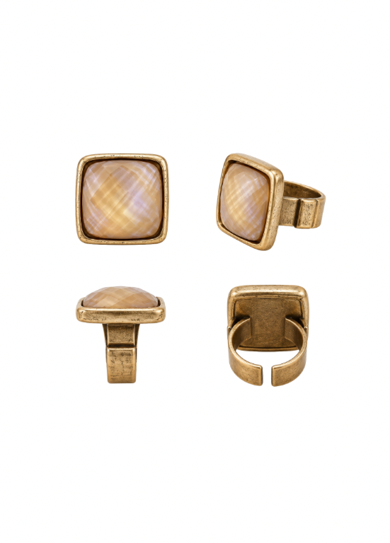 ANEL QUADRADO DOURADO COM PEDRA FACETADA - ALIBY