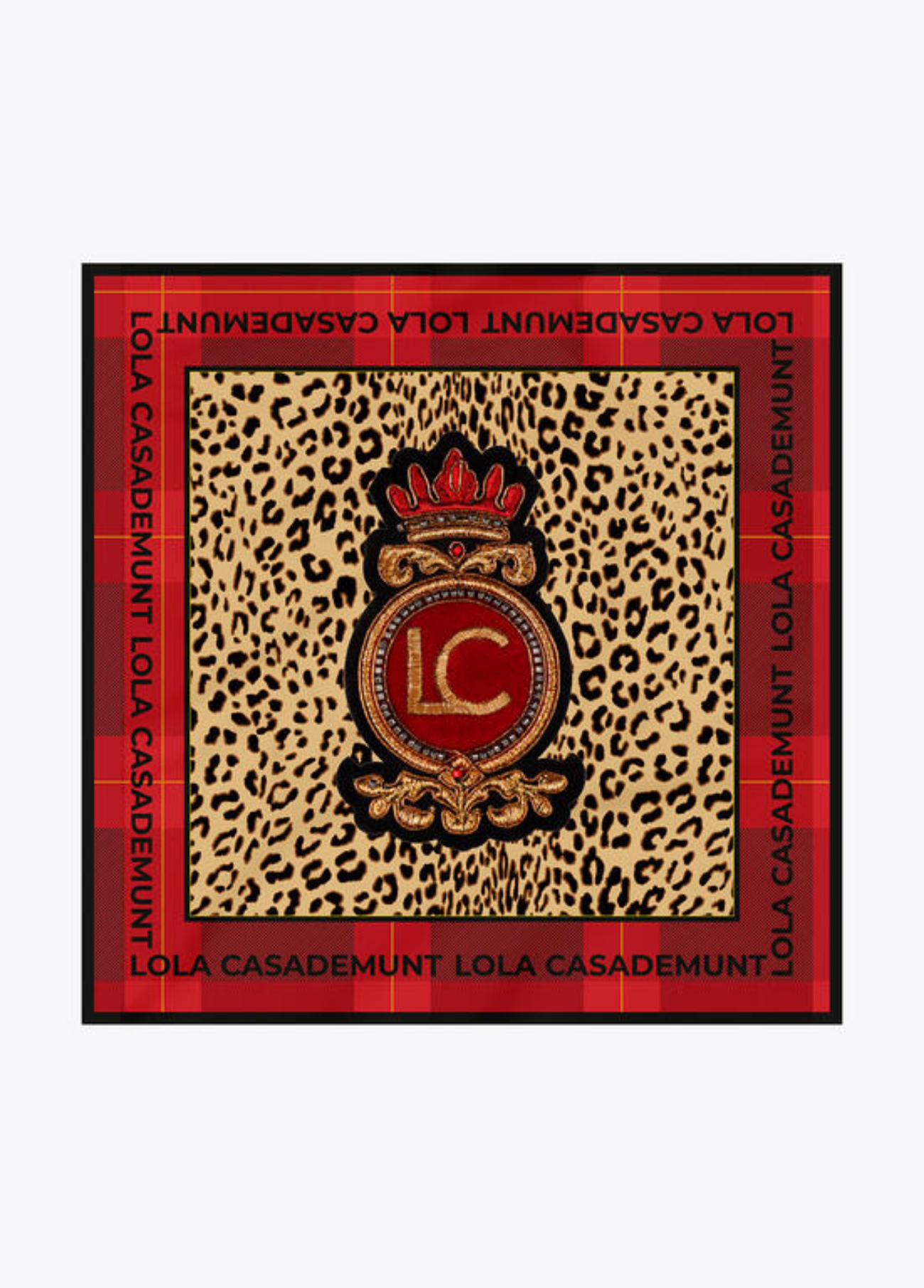 LENÇO ACETINADO ANIMAL PRINT COM XADREZ E BRASĀO LC - LOLA CASADEMUNT