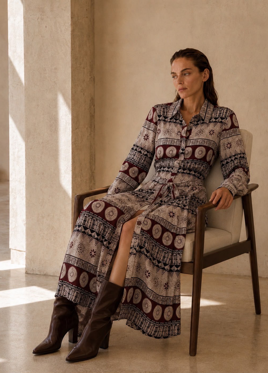 VESTIDO BORDEAUX ESTAMPADO - ALIBY