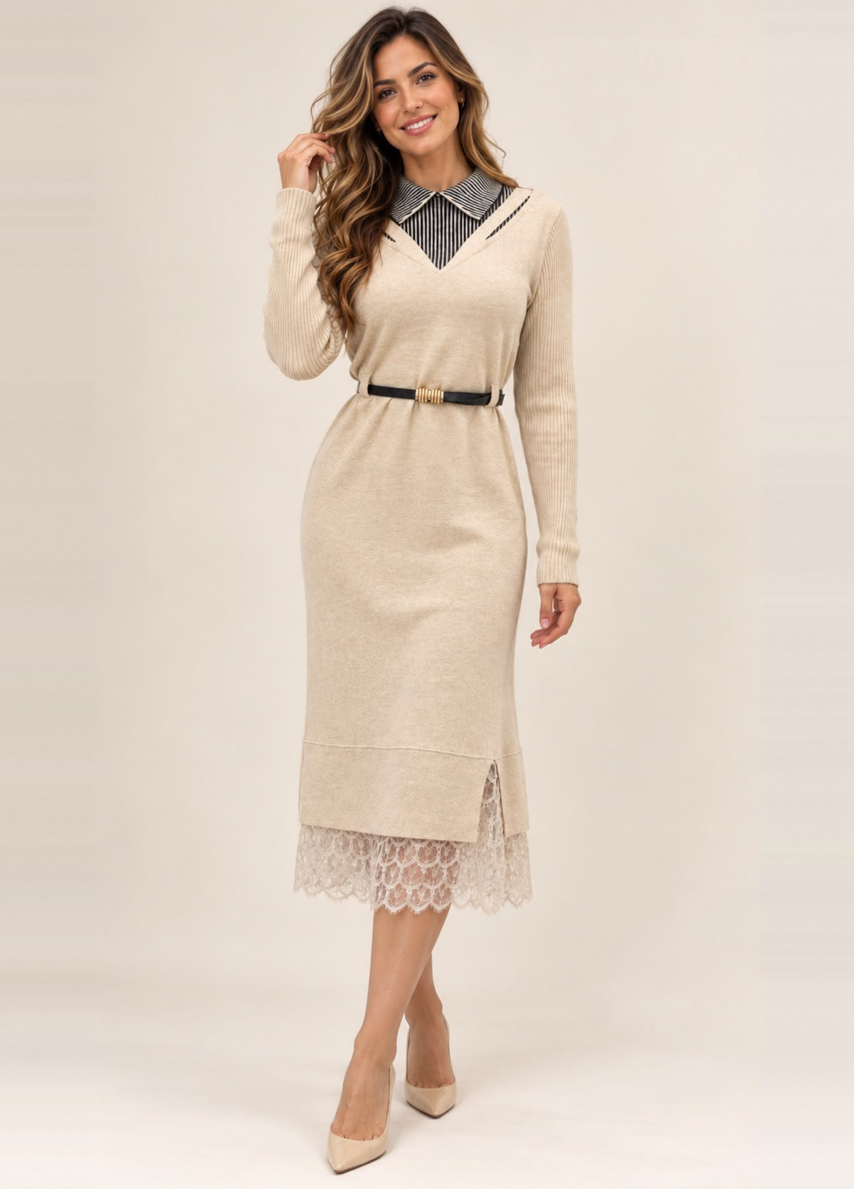 VESTIDO MIDI BEGE COM CINTO E BAINHA EM RENDA - ALIBY