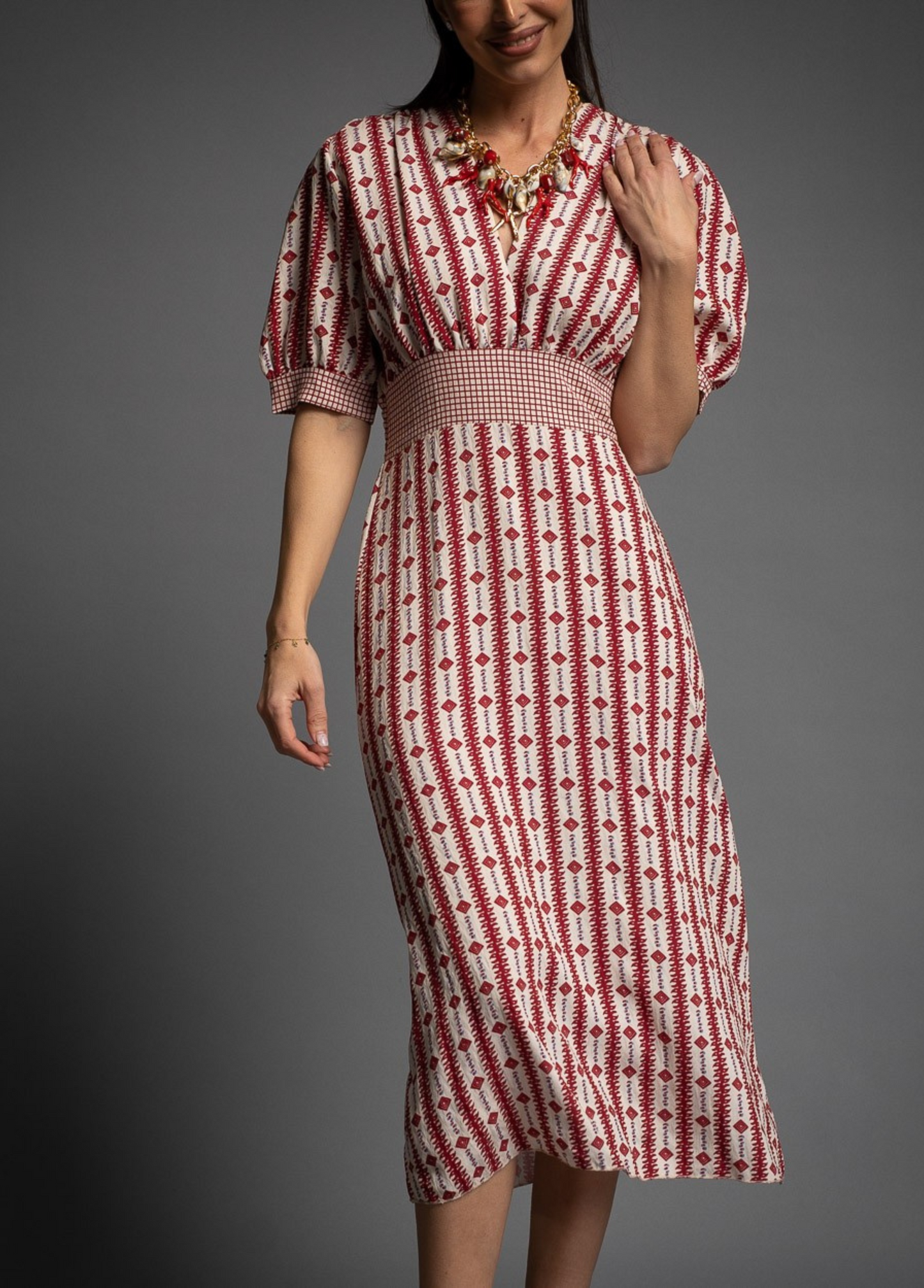 VESTIDO GEOMÉTRICO MANGA BALÃO - ALIBY