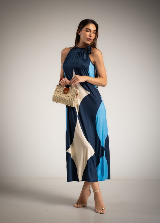 VESTIDO MAXI EM MALHA FRIA COM ESTAMPADO GEOMÉTRICO - ALBANO'S