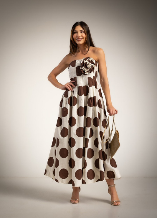 VESTIDO CAI CAI POLKA DOT CHOCOLATE COM APLICAÇÃO DE FLOR - ALBANO'S