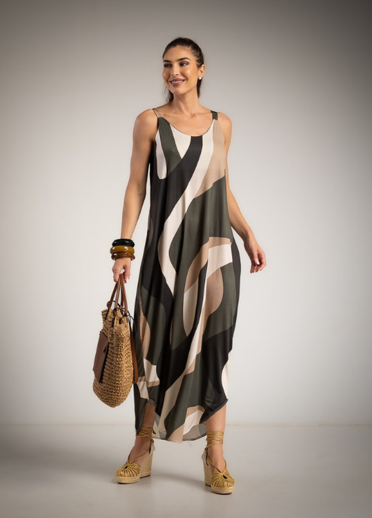 VESTIDO MAXI EM MALHA FRIA E ESTAMPADO ABSTRATO - ALBANO'S