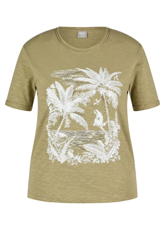 T-SHIRT EM ALGODÃO KAKI COM BORDADOS TROPICAIS - RABE