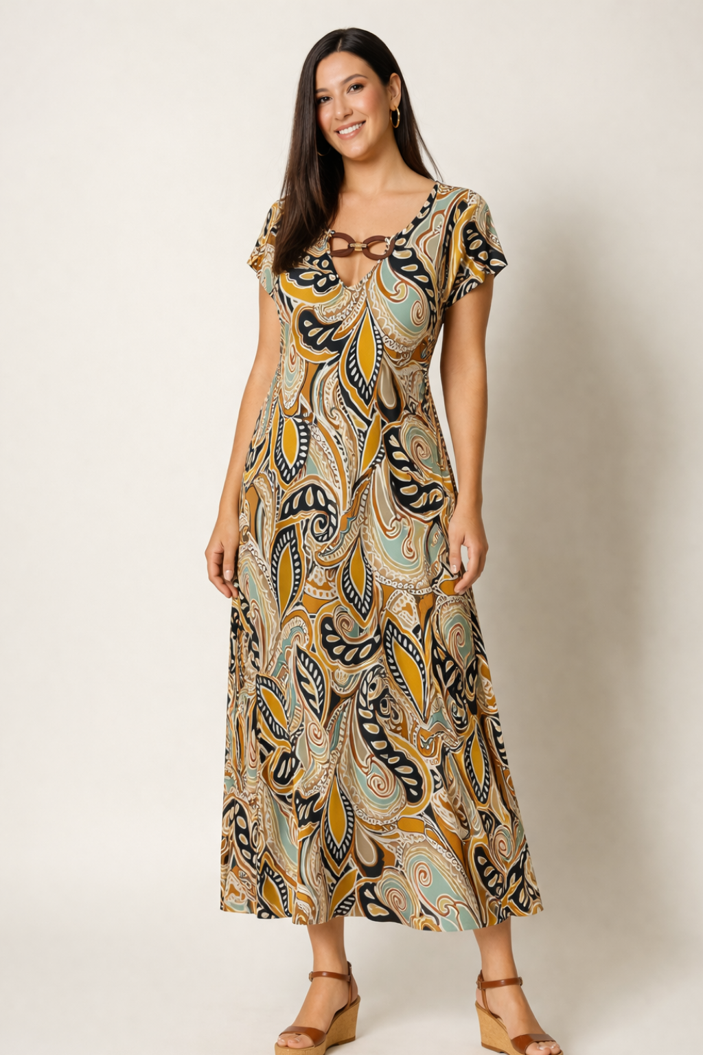 VESTIDO MIDI DE TULE ESTAMPADO COM APLICAÇÕES DE MADEIRA - AN VITO