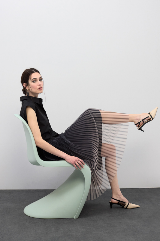 VESTIDO GOLA DE CAMISA COM SAIA PLISSADA DE TULE - LOLA CASADEMUNT