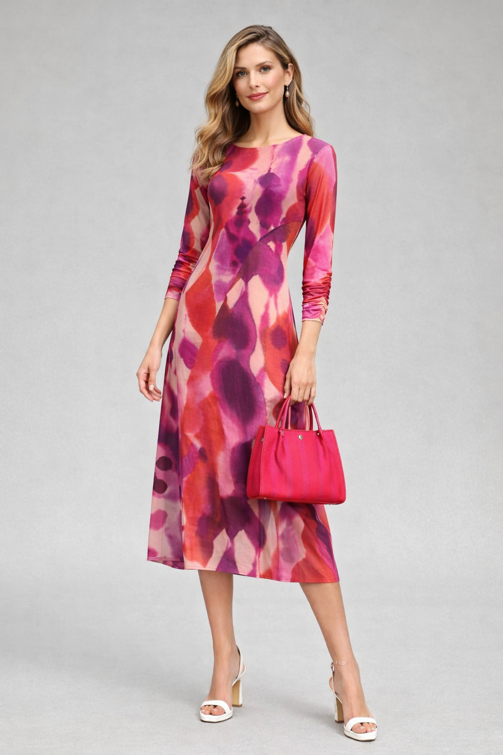 VESTIDO MIDI ESTAMPADO FÚCSIA - ADET