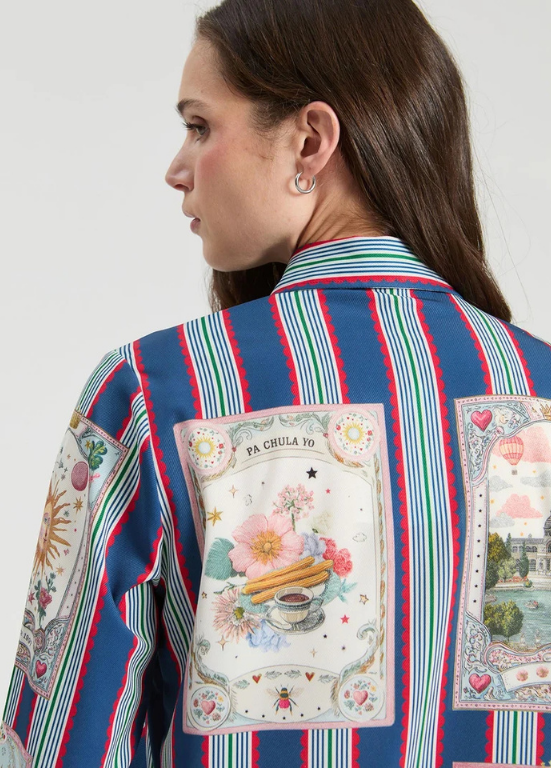 CAMISA BRANCA DE MANGA COMPRIDA DE RISCAS AZUL E BRANCO COM RODA GIGANTE - VILAGALLO