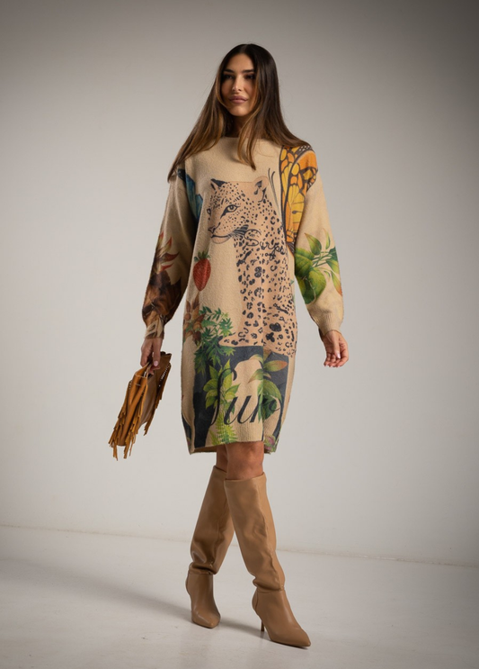 VESTIDO DE MALHA TROPICAL COM ANIMAL PRINT - ALBANOS