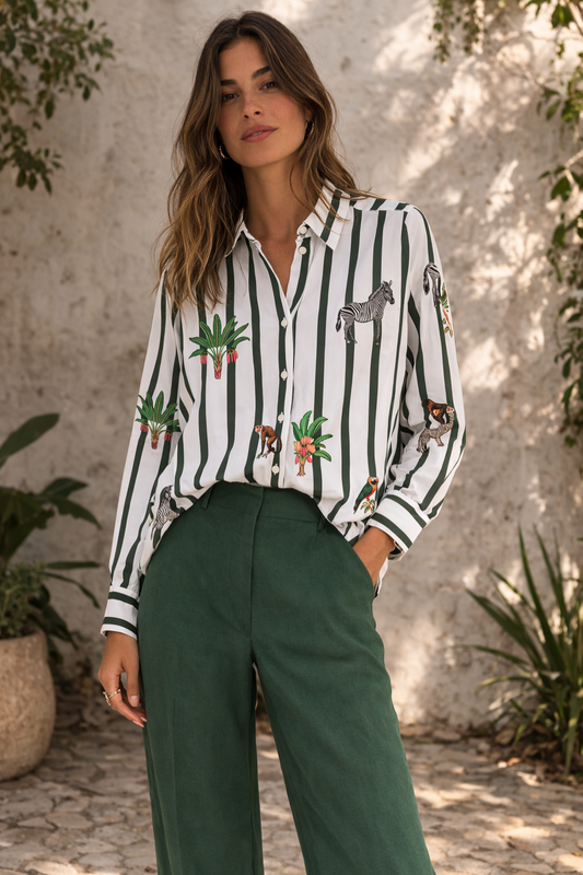 CAMISA COM RISCAS VERTICAIS E ESTAMPADO ANIMAL - VILAGALLO