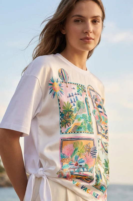 T-SHIRT DE MANGA CURTA ESTAMPADA E NÓ LATERAL - VILAGALLO