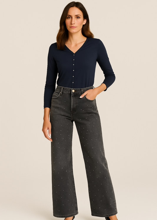 JEANS CINZA WIDE LEG COM STRASS - ADET