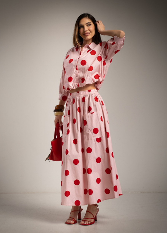 SAIA DE BOLSOS ROSA COM BOLAS VERMELHAS - ALIBY