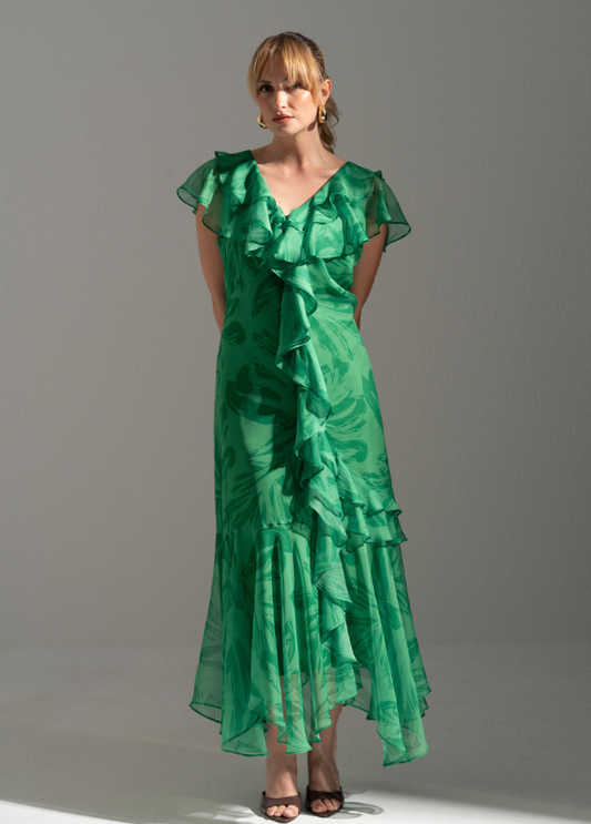 VESTIDO MIDI EM TECIDO FLUIDO ESTAMPADO VERDE - FERRACHE