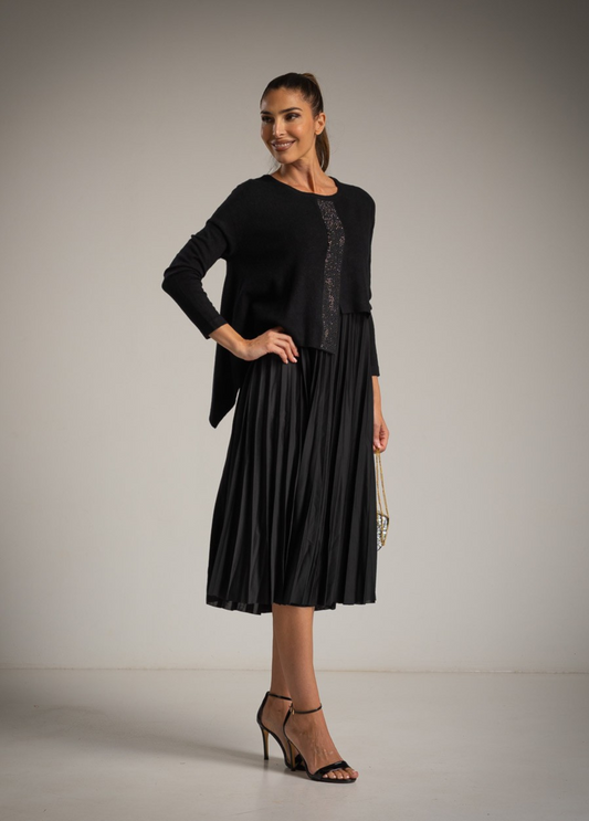 VESTIDO PLISSADO MIDI COM CAPA EM MALHA COM BRILHOS - ALBANOS