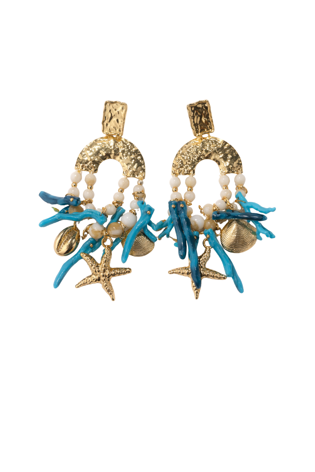 BRINCOS DOURADOS COM MOTIVOS MARITIMOS EM AZUL - ALIBY