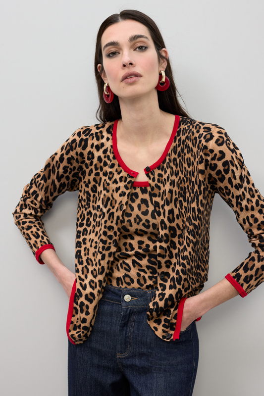 CARDIGAN ANIMAL PRINT COM CONTRASTE VERMELHO - LOLA CASADEMUNT