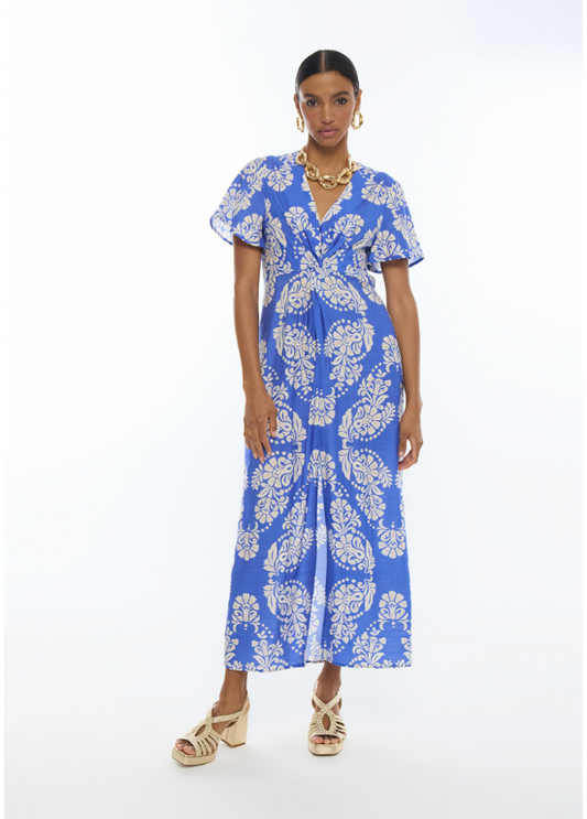 VESTIDO FLUIDO COM GOLA EM V E ESTAMPADO PAISLEY AZUL - LOLA CASADEMUNT