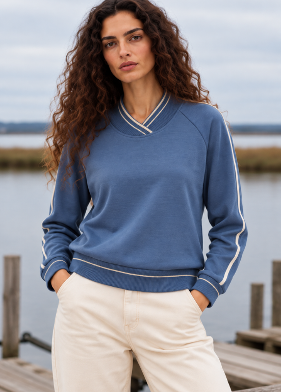 CAMISOLA DE MALHA AZUL COM DECOTE EM V CRUZADO - BARBARA LEBEK