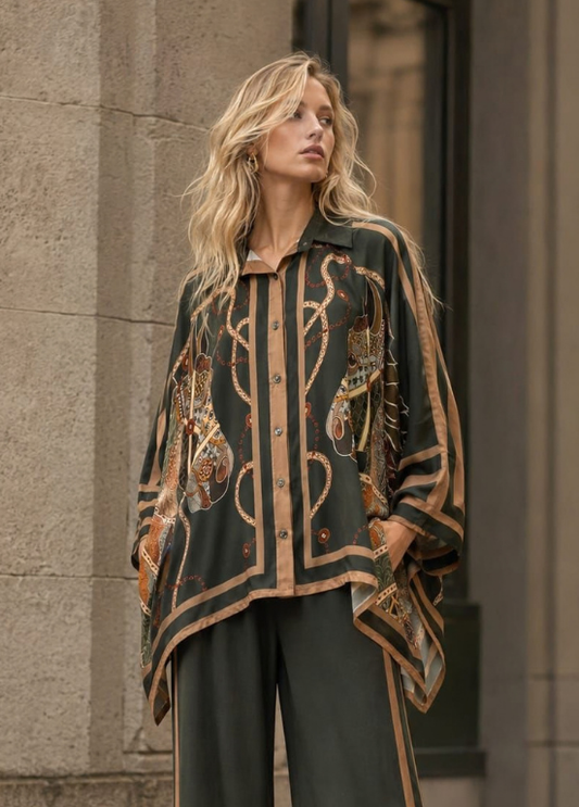 BLUSA TIPO CAPA EM VISCOSE COM CAVALOS - ALIBY